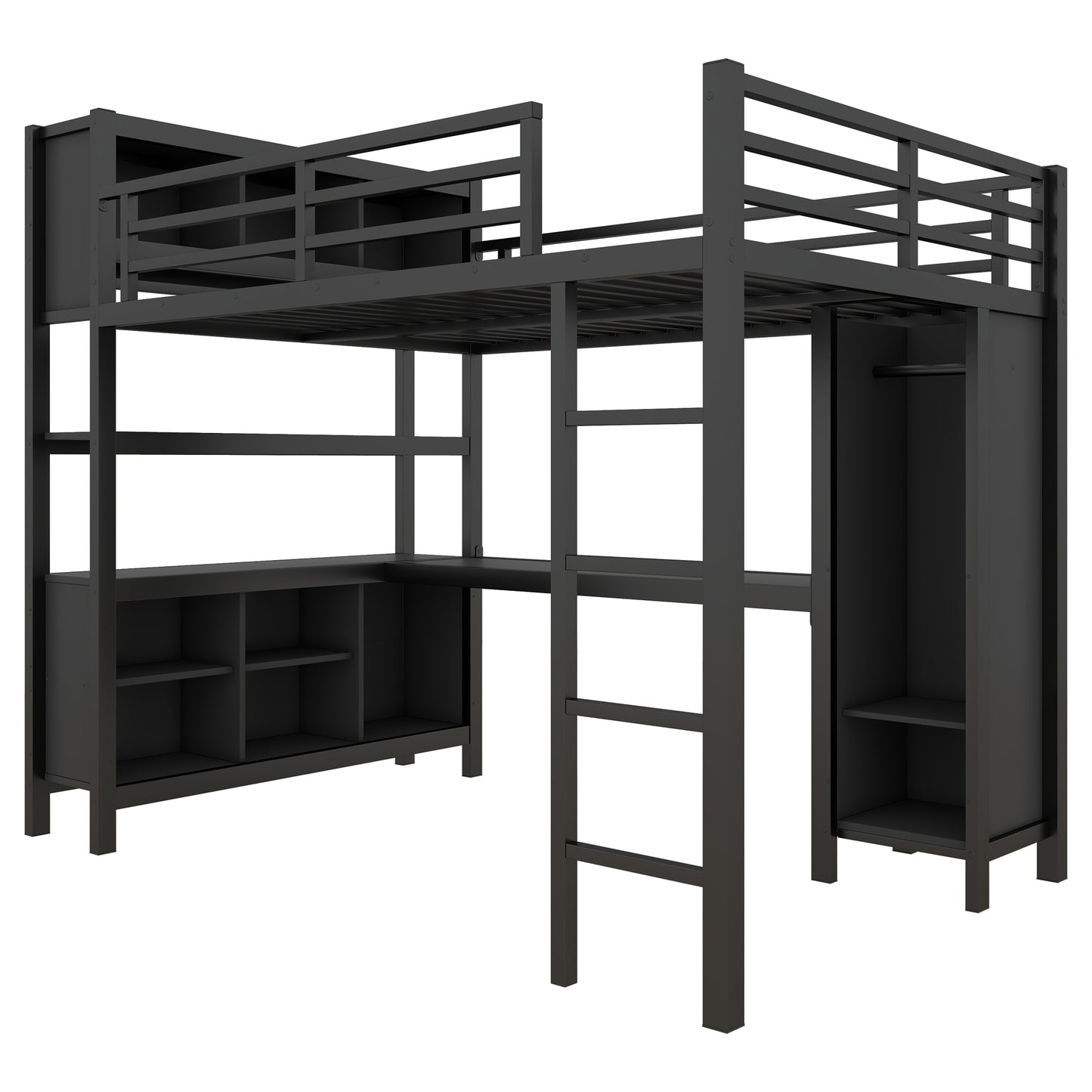 Metal Loft Bed with Wardrobe And L-shaped Desk, Full Size Loft Bed with Storage Cubes and Shelves, Heavy Duty Loft Bed for Kids Teens Adults, Black image 9