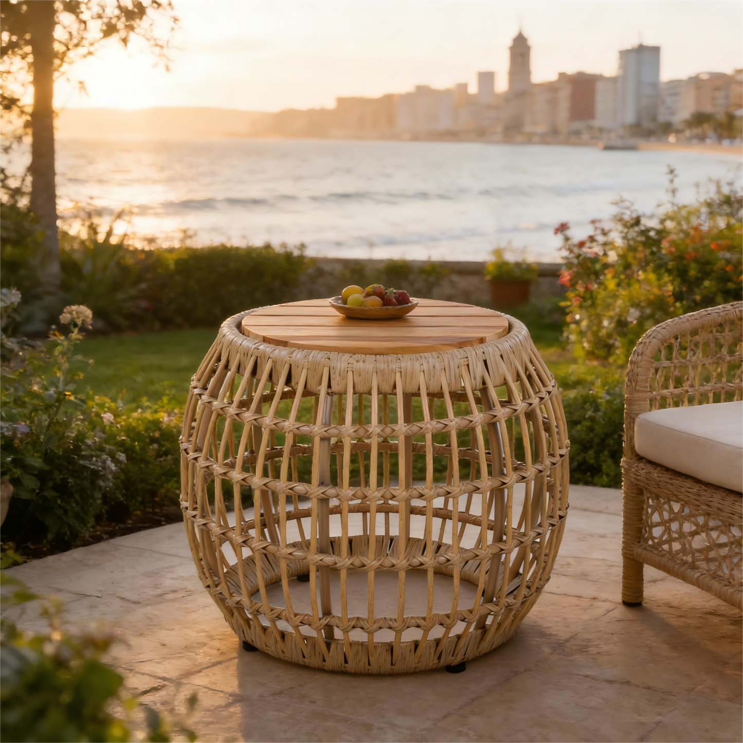 Acacia Wood Outdoor Side Table with Wicker Base - Light Brown, Round 16.15" Outdoor Accent for Patio, Garden, Balcony & Indoor Use image 3