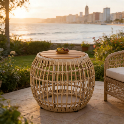Acacia Wood Outdoor Side Table with Wicker Base - Light Brown, Round 16.15" Outdoor Accent for Patio, Garden, Balcony & Indoor Use image 3