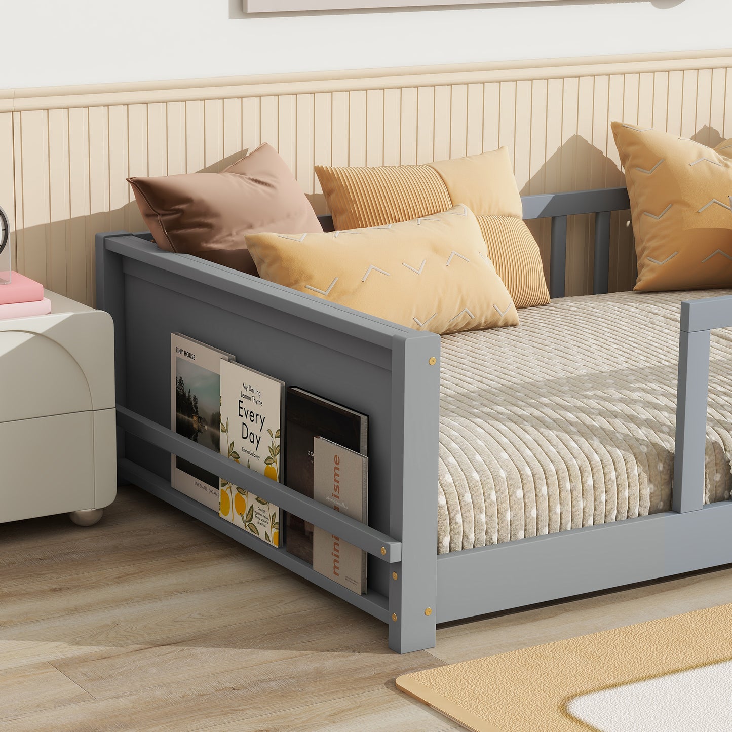 Twin size Floor Platform Bed with Built-in Book Rack,Grey(Old Sku:W504P143306) image 12