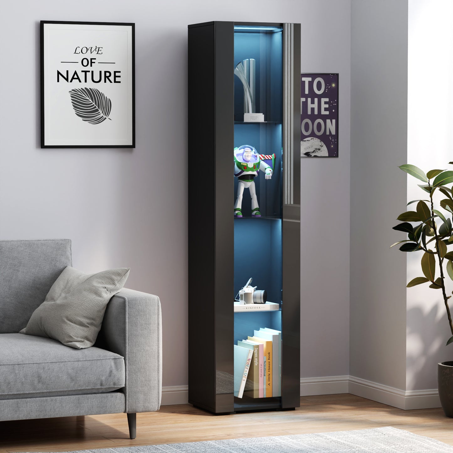 Black side cabinet with aluminum strip lamp,With large storage space image 3