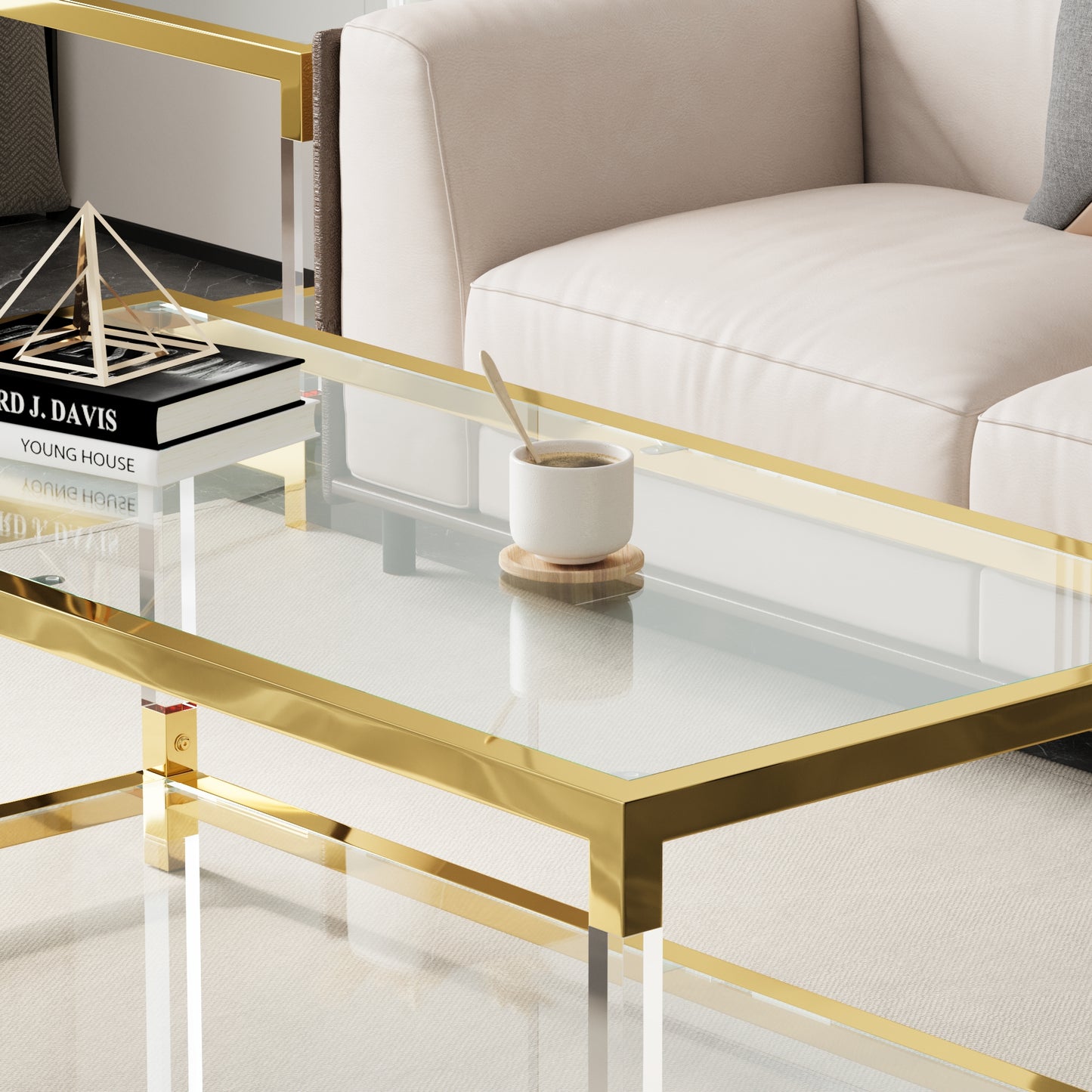 Modern Acrylic Leg Coffee Table, Double Layer Tempered Glass Top with Golden Metal Frame, 47.2x23.6x17.7 Inch Living Room Furniture image 4