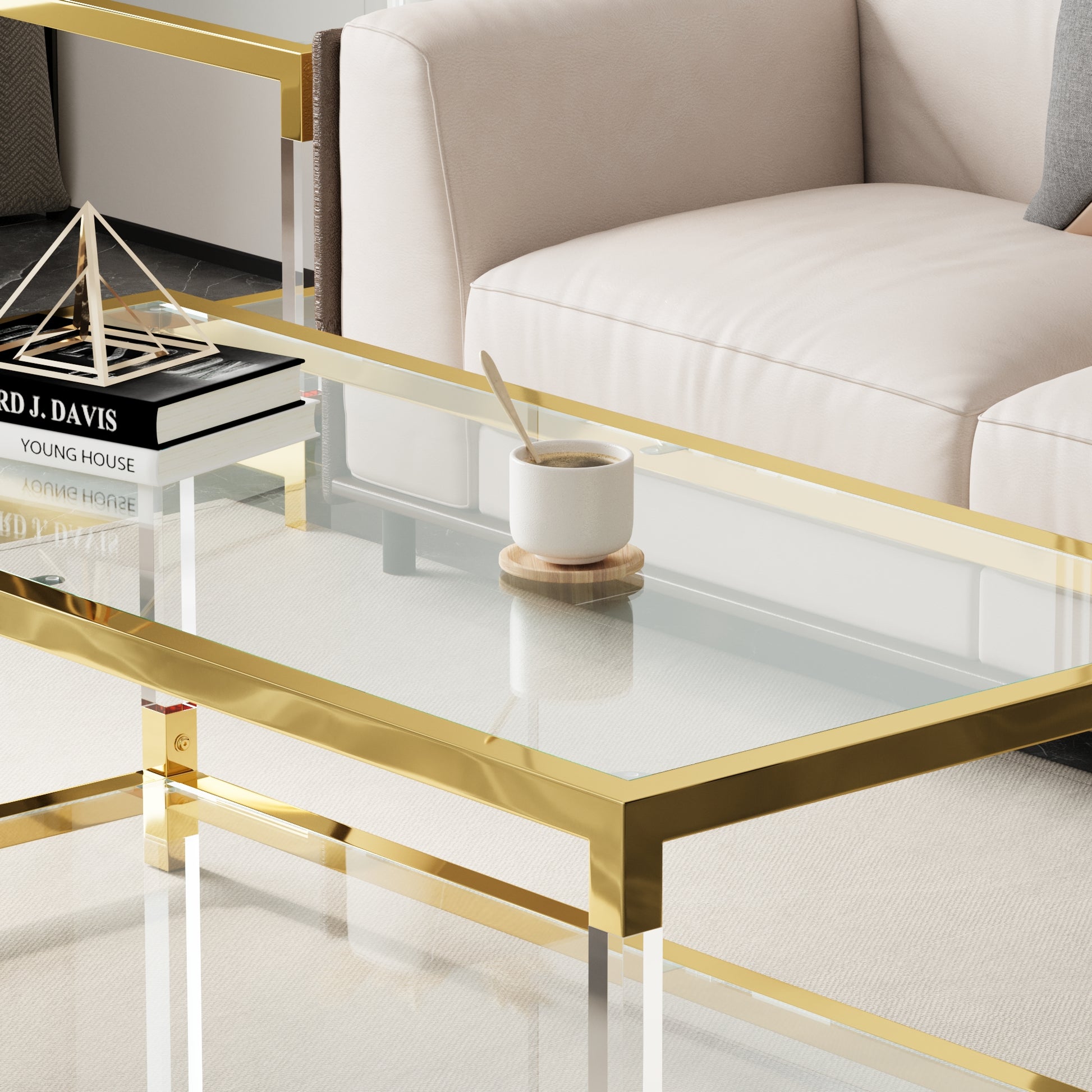 Modern Acrylic Leg Coffee Table, Double Layer Tempered Glass Top with Golden Metal Frame, 47.2x23.6x17.7 Inch Living Room Furniture image 4