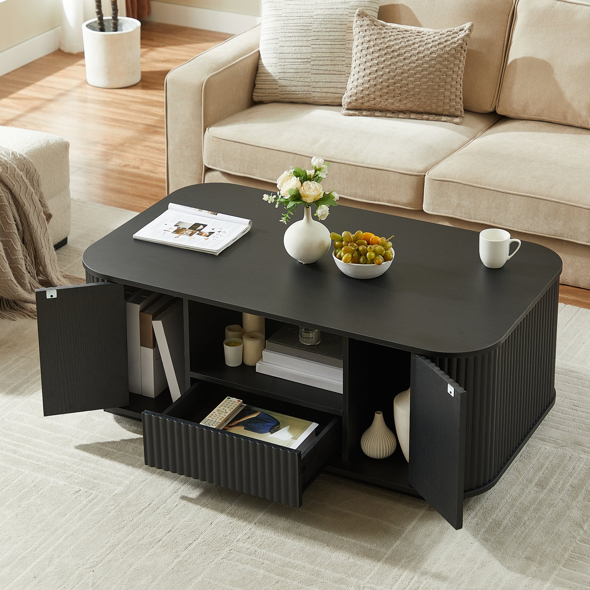 46.5"modern luxury oval coffee table with drawers and storage compartments, curved contour design, living room center coffee table, suitable for living rooms and offices, Black, 46.5"L*27.2"W*17.7"H image 2