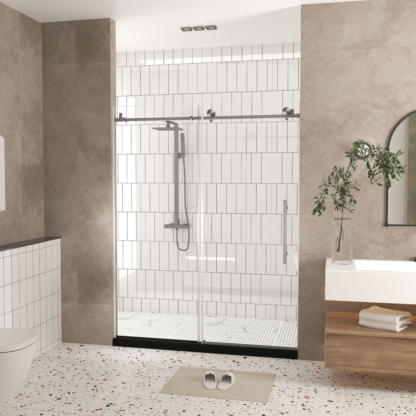 Frameless shower door 56-60 "W x 76" H, 1/4 "(6 mm) Clear Tempered Glass, Explosion Proof Film, Stainless Steel Handle,Brushed Nickel image 2