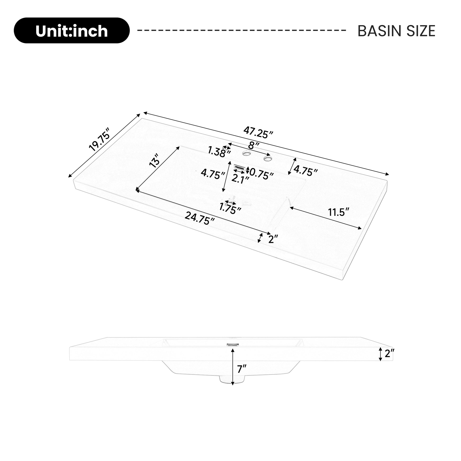 48" Resin Basin for Bathroom Vanity, Bathroom Sinks with 3-Faucet Holes, Vanity Top only, Bright White image 3