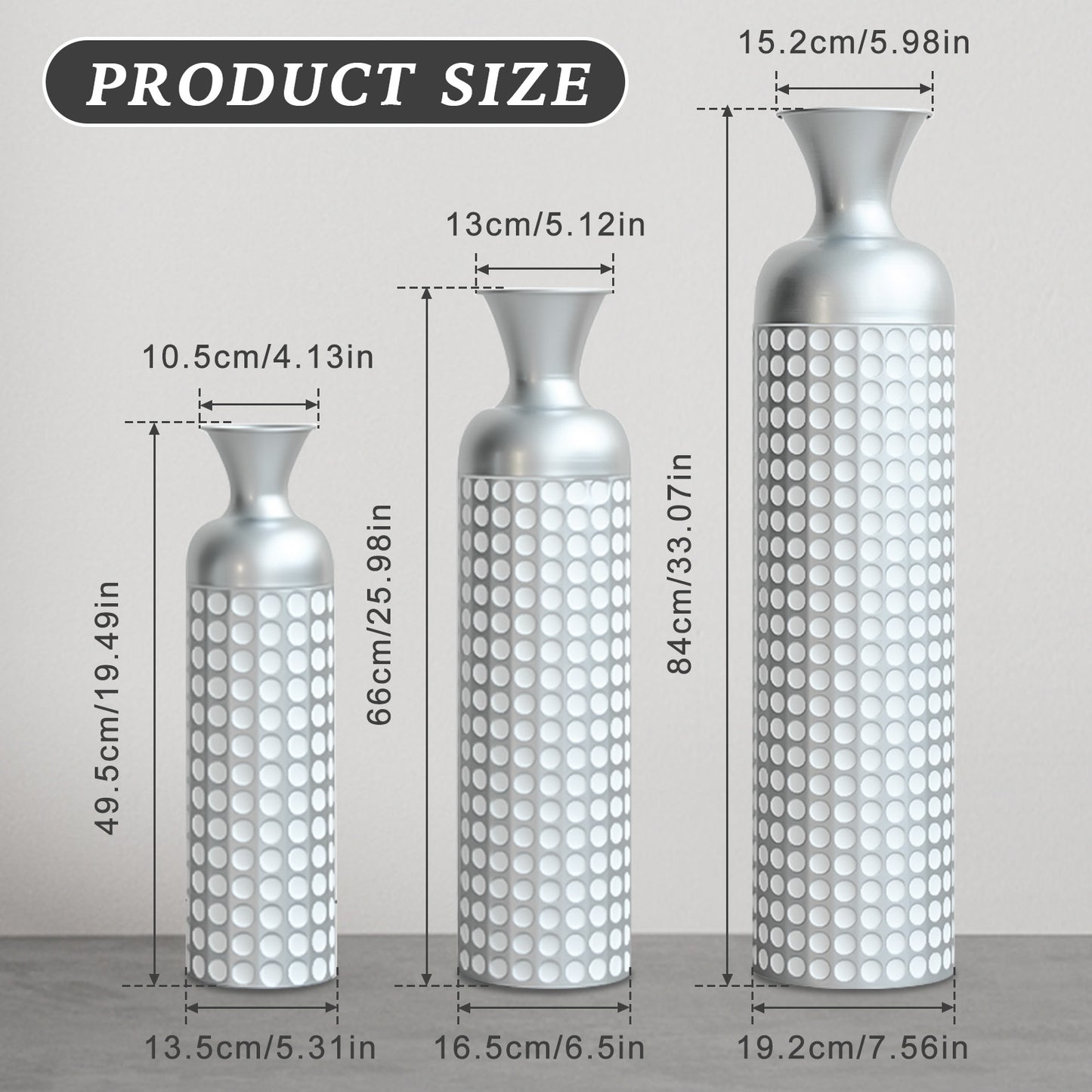 3 Pack Silver Metal Vase Set, Nested Semi-Handcrafted Embossed Vases, Modern Decorative Centerpieces for Home, Floor, Living Room, Fireplace, Not Waterproof image 6