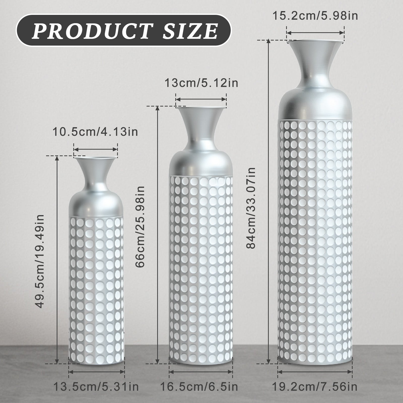 3 Pack Silver Metal Vase Set, Nested Semi-Handcrafted Embossed Vases, Modern Decorative Centerpieces for Home, Floor, Living Room, Fireplace, Not Waterproof image 6