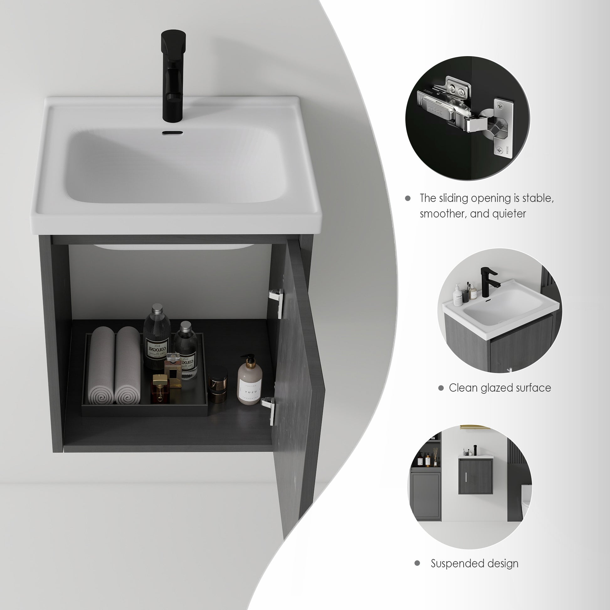 20 Inch Floating Bathroom Vanity with Sink, Soft-Close Door,Ceramic Sink,Plywood, Grey image 8