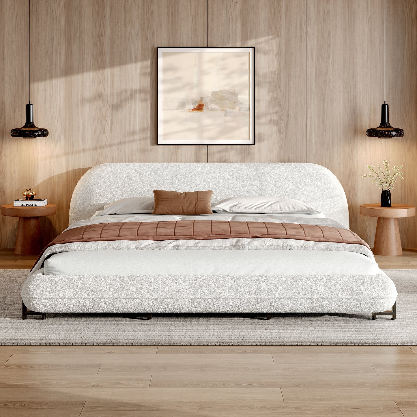 California King Size Bed Frame with Boucle Fabric, Upholstered Platform Bed with Curve-Shaped Design & Thick Headboard, White image 1