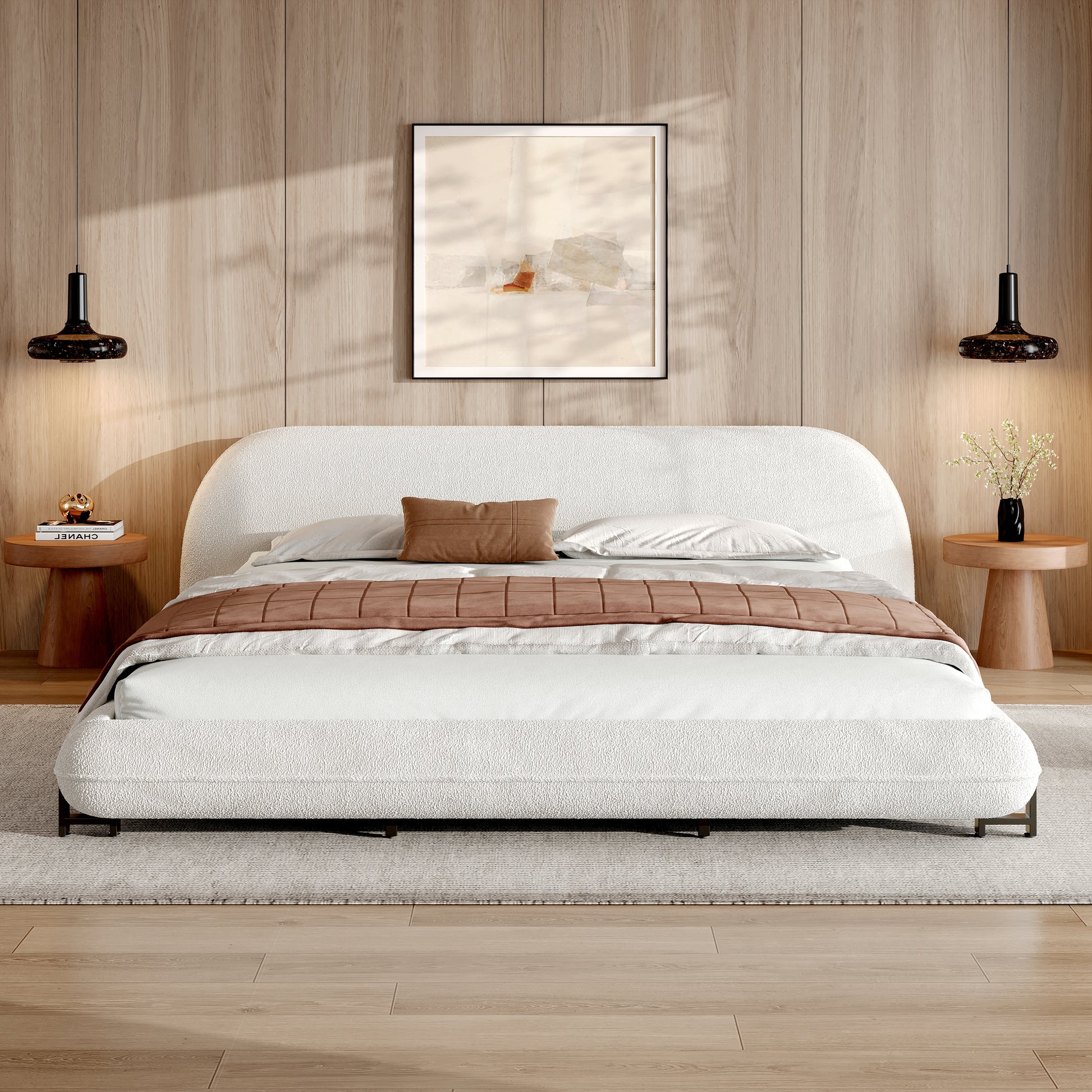 California King Size Bed Frame with Boucle Fabric, Upholstered Platform Bed with Curve-Shaped Design & Thick Headboard, White image 1