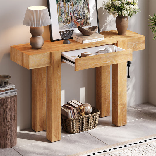 TREXM Rustic Minimalist Console Table with Hidden Drawer, Side Power Outlet,Wood Entryway Table for Entryways, Living Rooms and Home Offices(Natural) image 1