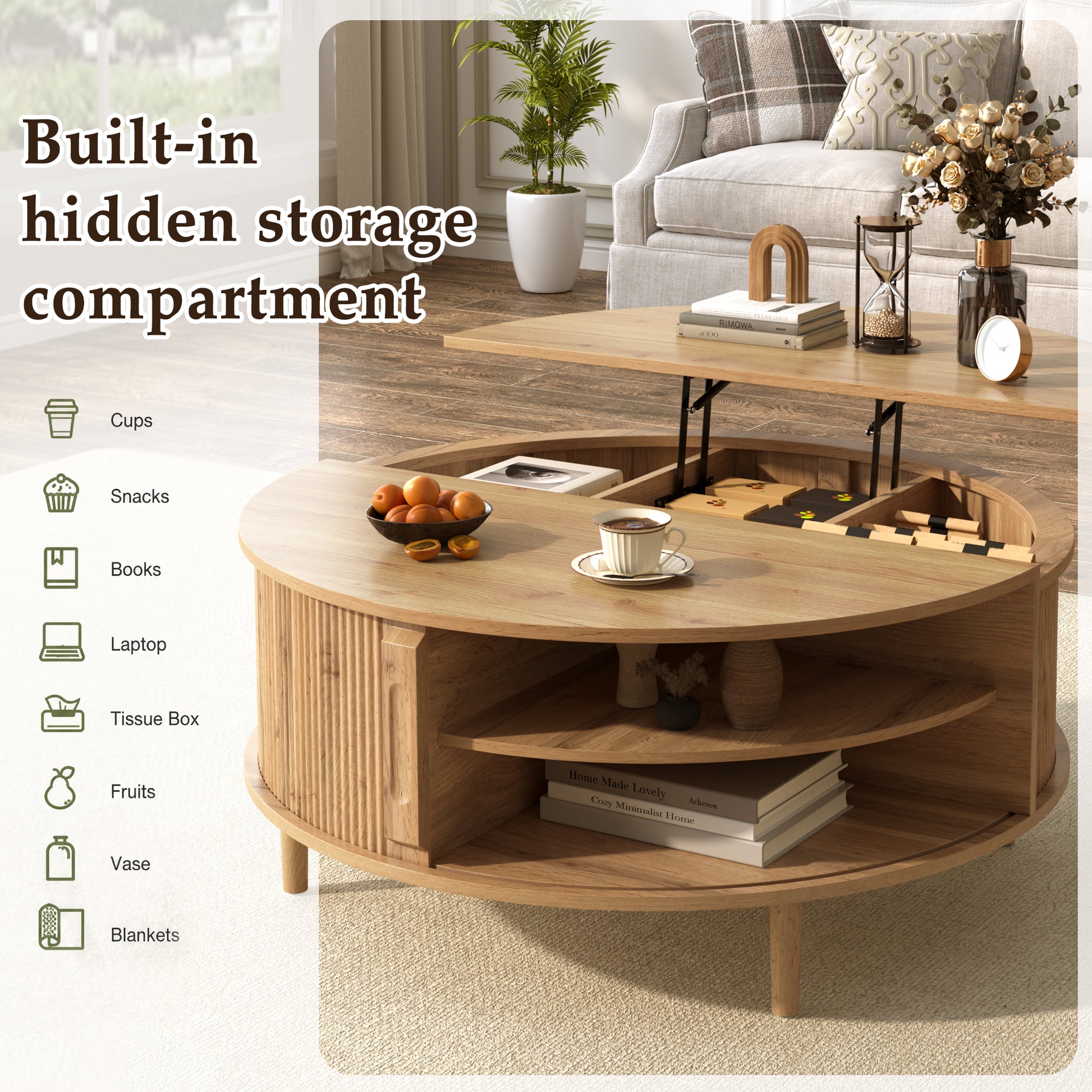 U-Can Minimalist Round Lift-Top Coffee Table with Hidden Storage, Sliding Door, Pine Legs, and Wood Wave Finish image 9