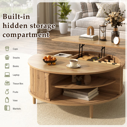 U-Can Minimalist Round Lift-Top Coffee Table with Hidden Storage, Sliding Door, Pine Legs, and Wood Wave Finish image 9