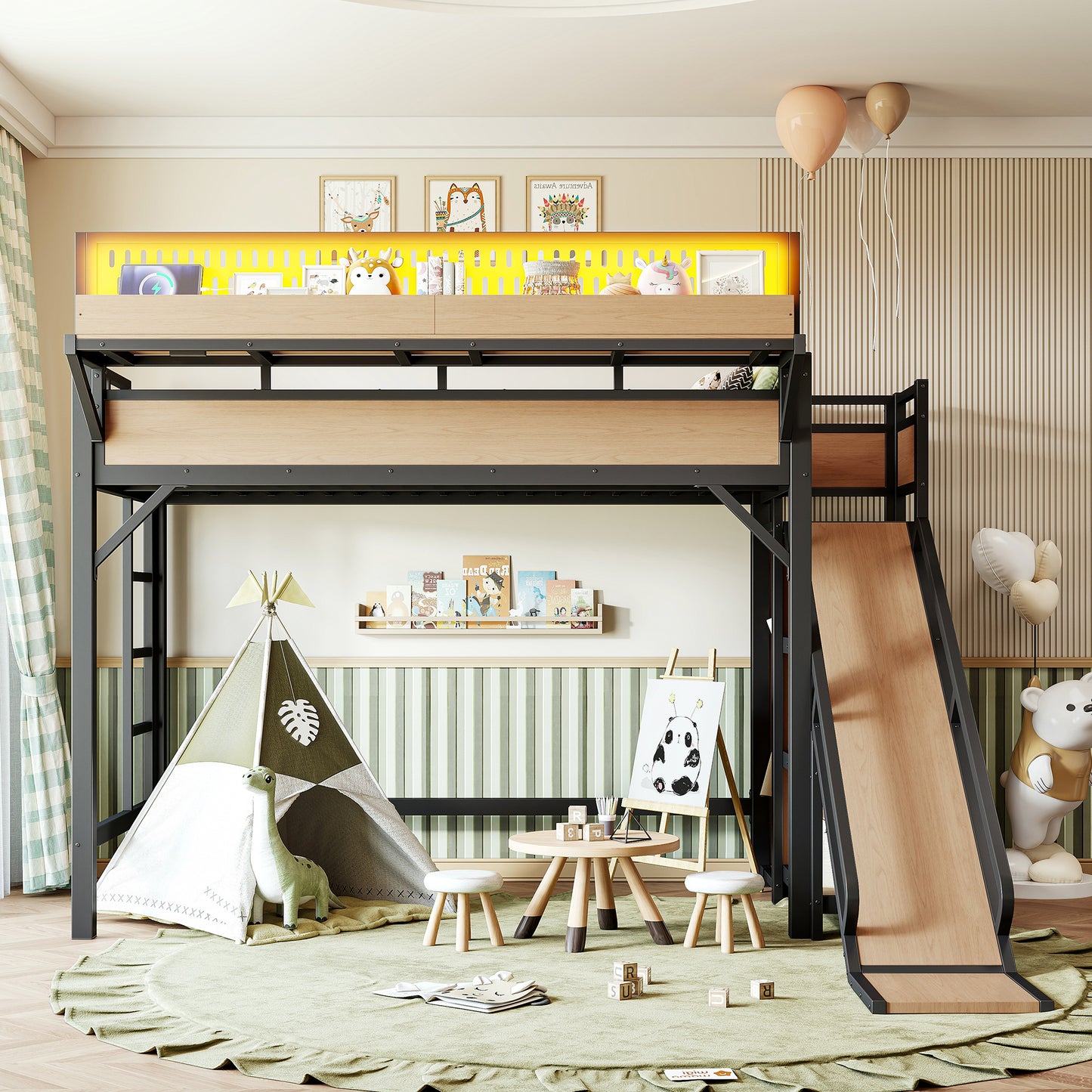 Twin XL Size Loft Bed with Slide, Storage Shelves and Built-in Wardrobe, Metal Loft Bed Frame with USB Ports and LED Lights, with Pegboard, Safety and Solid, Natural image 3