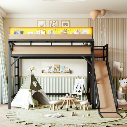 Twin XL Size Loft Bed with Slide, Storage Shelves and Built-in Wardrobe, Metal Loft Bed Frame with USB Ports and LED Lights, with Pegboard, Safety and Solid, Natural image 3
