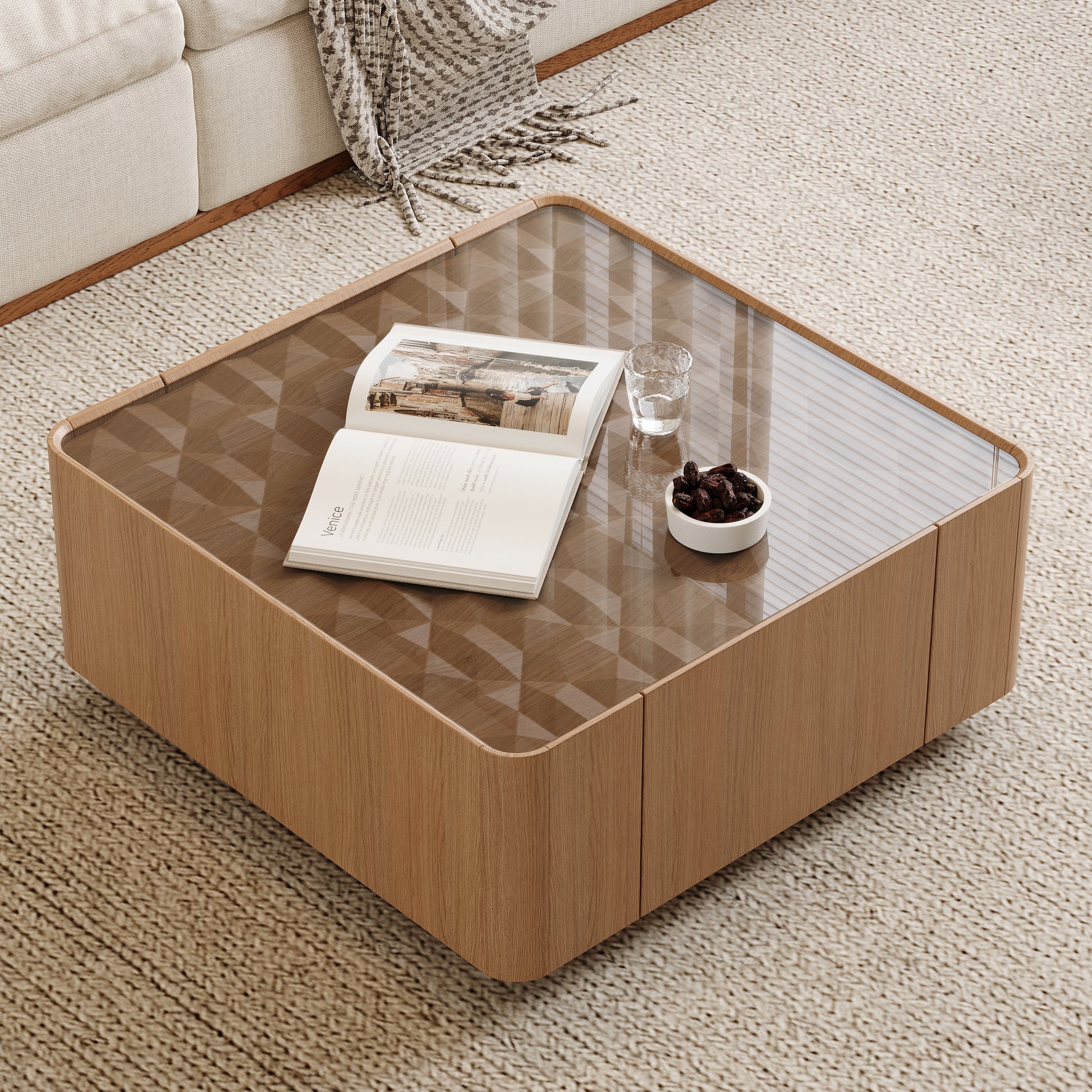 31.5-Inch Square Coffee Table with Storage Drawers,Modern Wooden Coffee Table with Glass Top,Tea Table Center Tables for Living Room Office,Walnut image 1