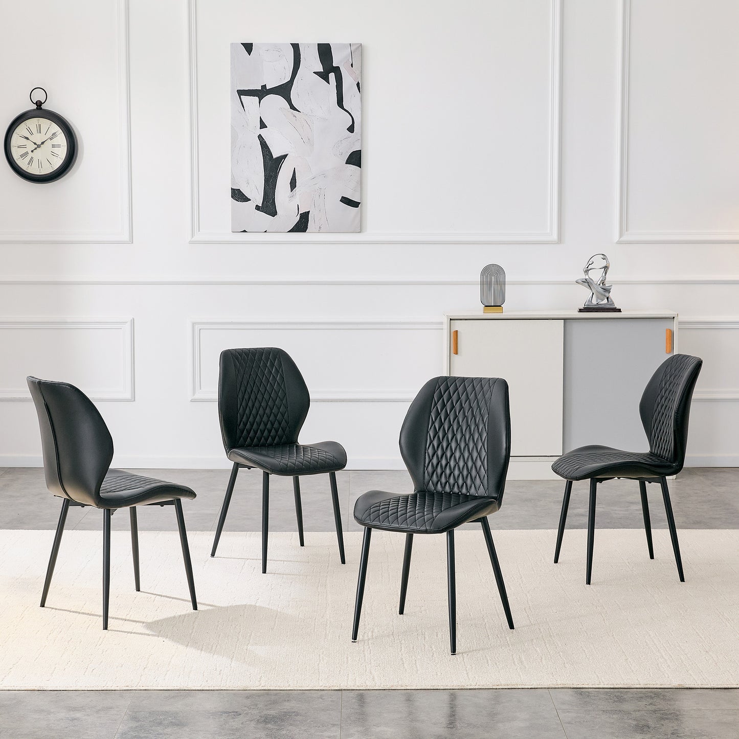 Set of 4 modern light luxury black diamond-quilted PU chairs with black metal legs. Suitable as upholstered dining chairs with backrests for home dining rooms, adaptable to a wide range of scenarios. image 7