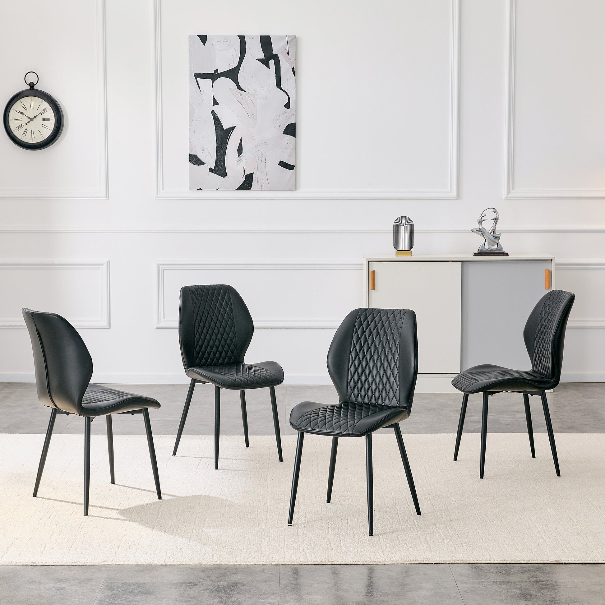 Set of 4 modern light luxury black diamond-quilted PU chairs with black metal legs. Suitable as upholstered dining chairs with backrests for home dining rooms, adaptable to a wide range of scenarios. image 7