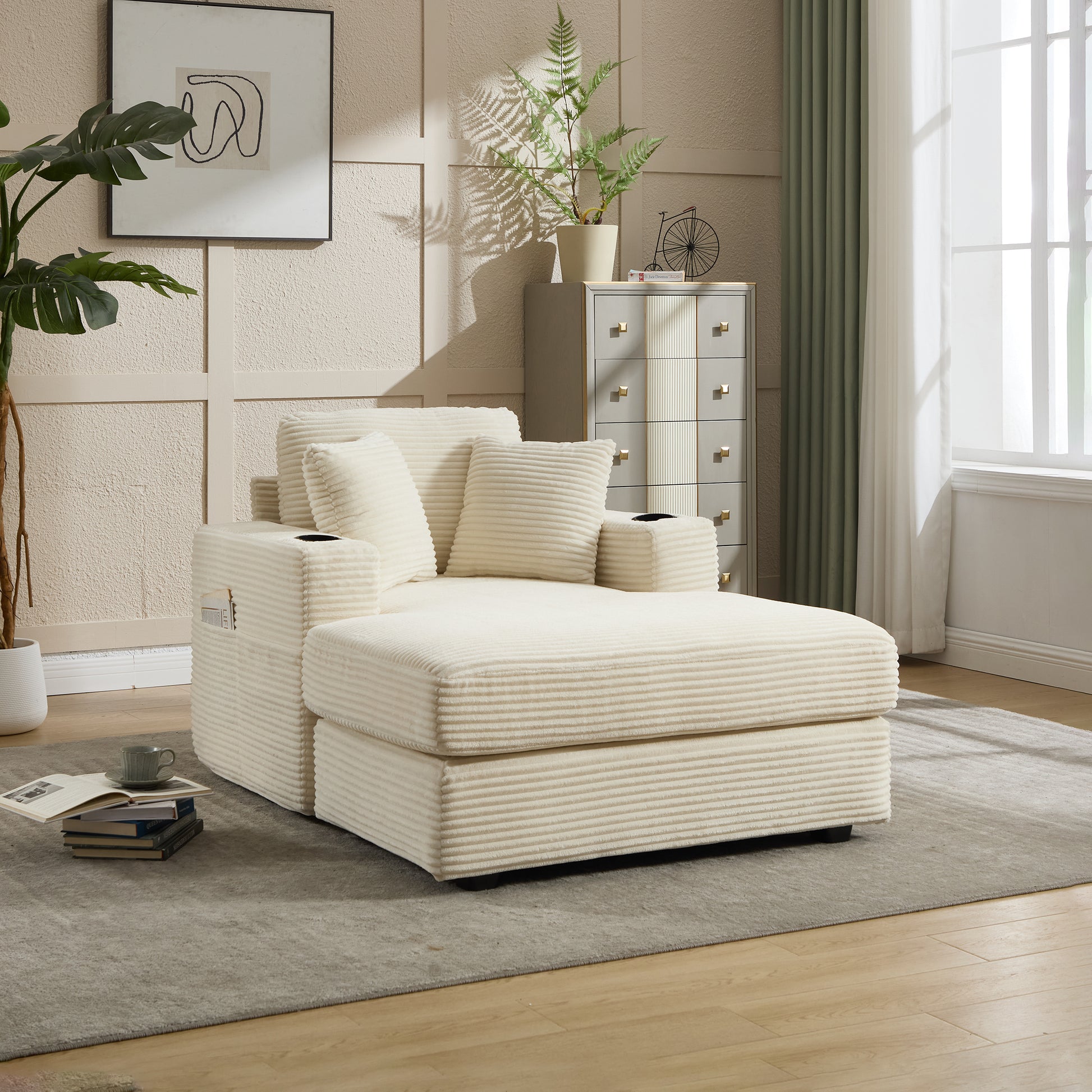 [New]Corduroy Upholstered Chaise Lounge Sofa,Magazine bag,Detachable Cushions Deep Seat for Living Room Office,3 colour image 1