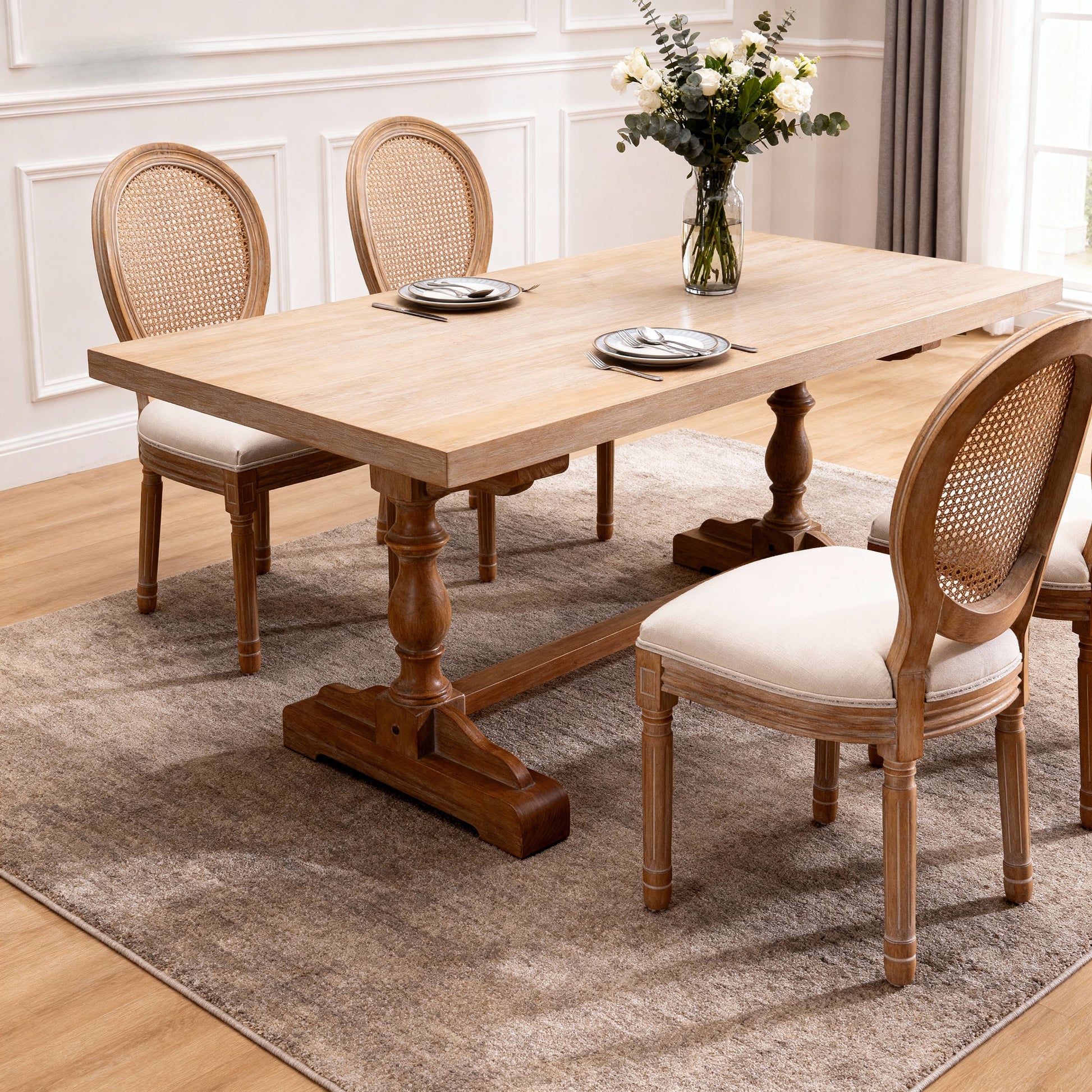 French Style Solid Wood Frame Linen Fabric Rattan Back Dining Chair,Set of 2, Beige image 3