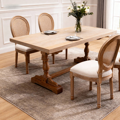 French Style Solid Wood Frame Linen Fabric Rattan Back Dining Chair,Set of 2, Beige image 3