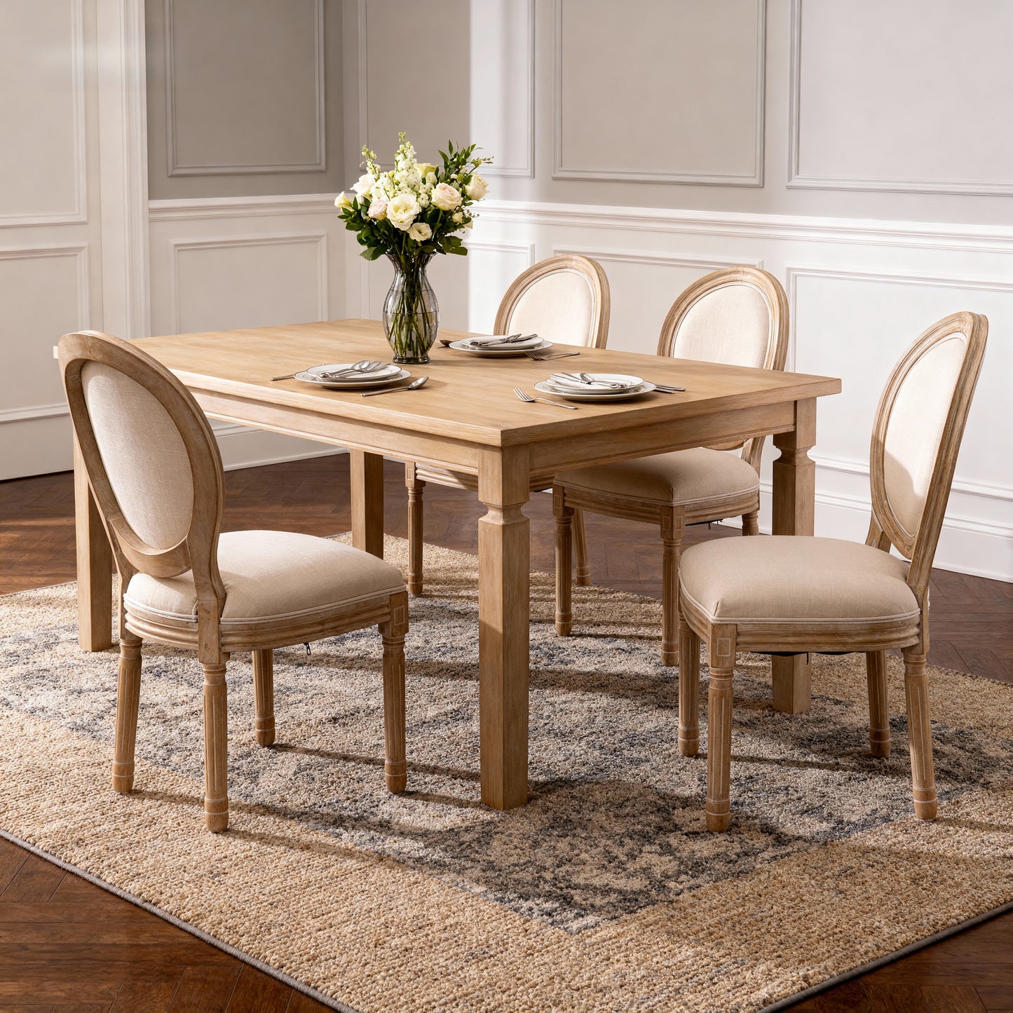 French Style Solid Wood Frame Linen Fabric Oval Back Dining Chair,Set of 2,Beige image 2