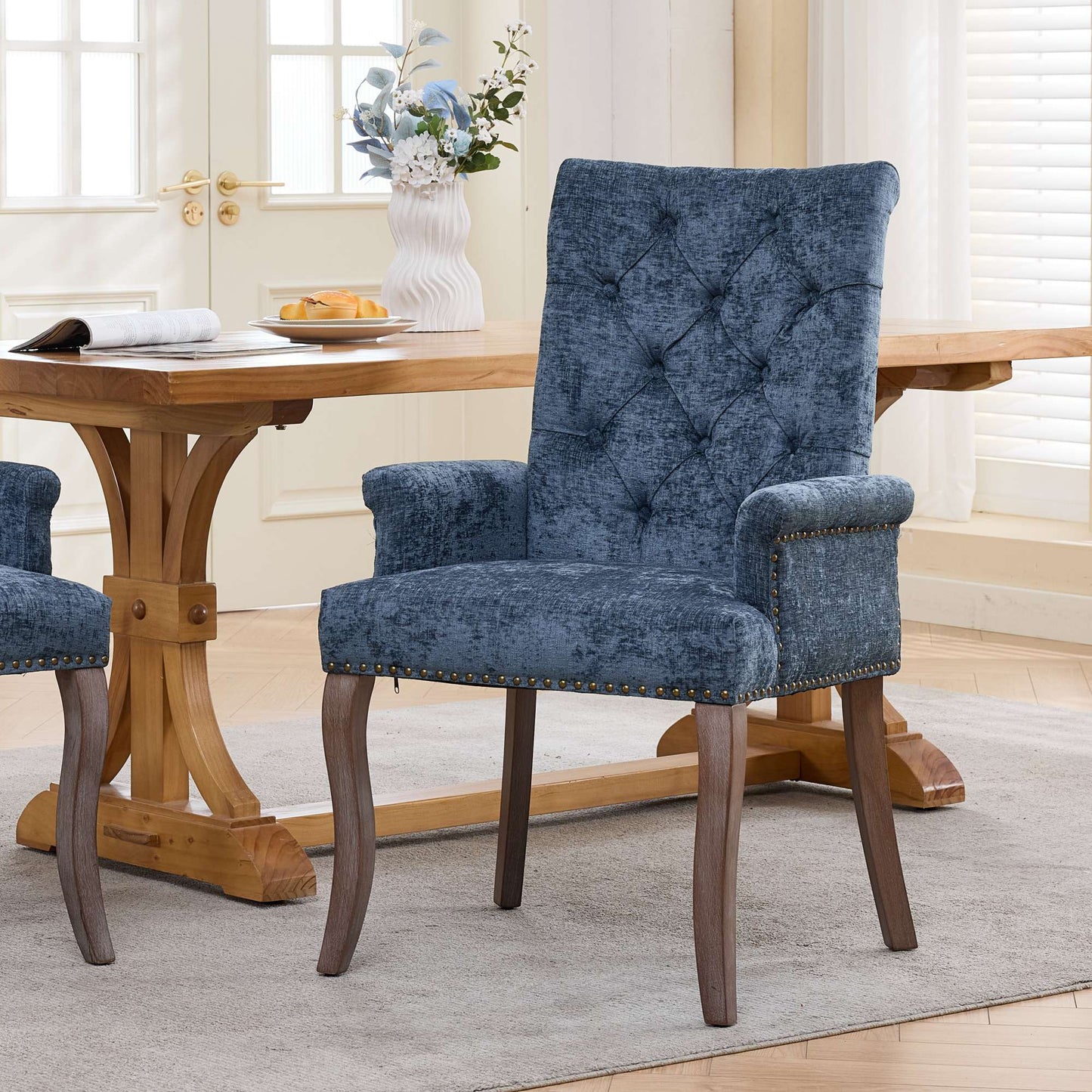 Upholstered Chenille Fabric Accent Dining Chair, Curved Solid Wood Legs, Elegant Tufted Club Dining Room Kitchen Room Arm Dining Chair, Single Pack,Blue,SW1895BL image 1