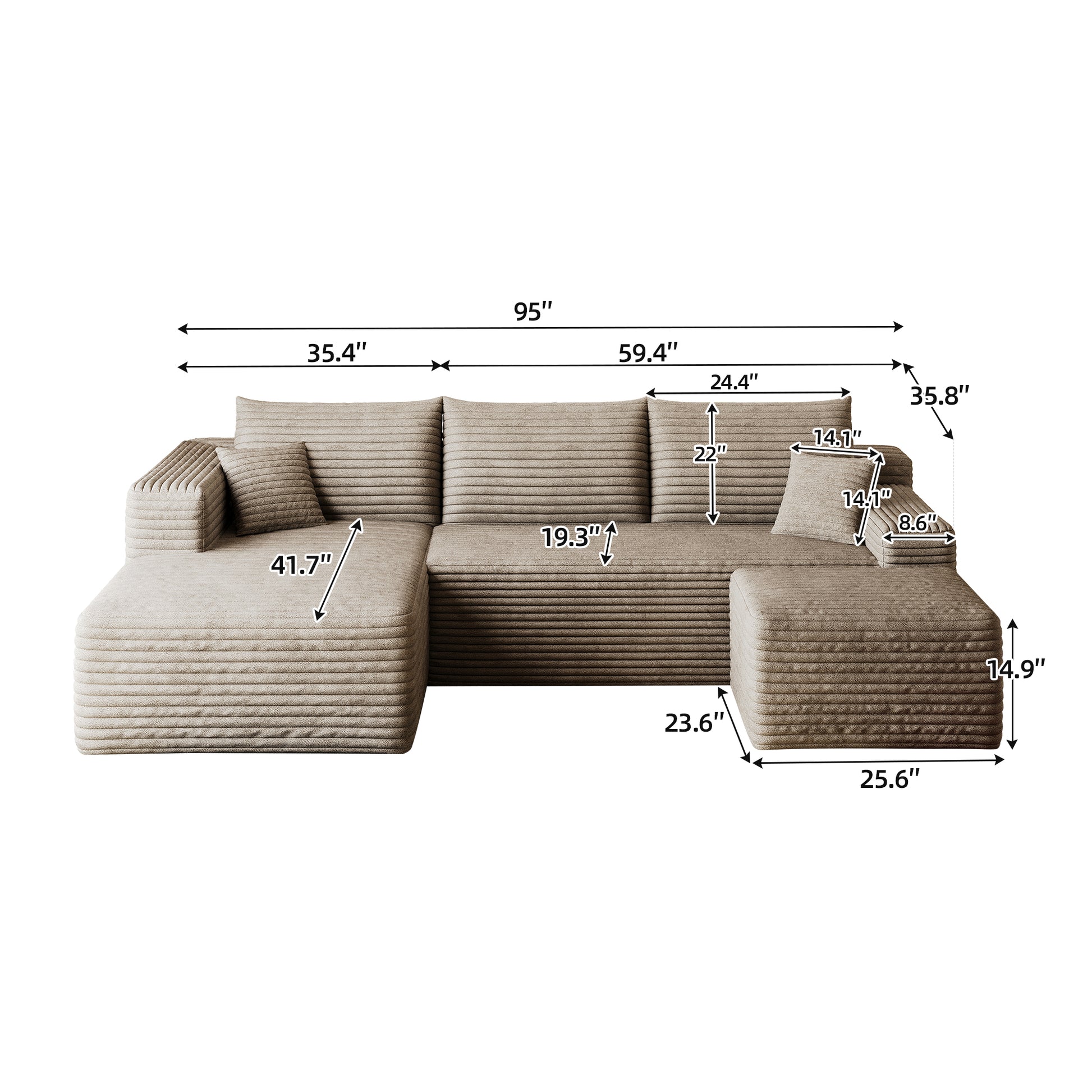 95" Cloud Sectional Sofa with 1 Ottoman,Modern Minimalist Upholstered Couches, Comfort U Shaped Sofa for Living Room,Deep Seat Corner Couch,No Assembly Required,Camel((Plush Corduroy Fabric) image 9