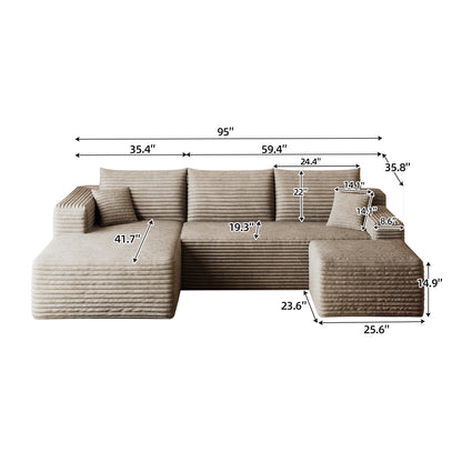 95" Cloud Sectional Sofa with 1 Ottoman,Modern Minimalist Upholstered Couches, Comfort U Shaped Sofa for Living Room,Deep Seat Corner Couch,No Assembly Required,Camel((Plush Corduroy Fabric) image 9