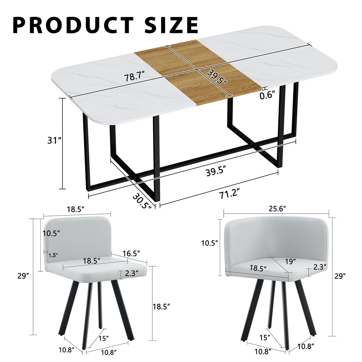 9-Piece Square Dining Table Set, Fixed White Faux Marble & Wood Grain Triamine Tabletop with 8 Gray PU Leather Chairs, Modern Kitchen Table Set for 8 People, Ideal for Family Gatherings, Dining Room image 10