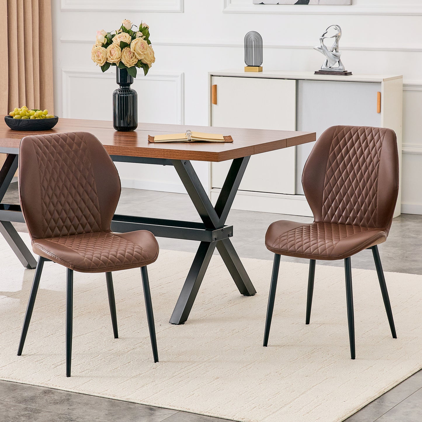Set of 4 modern light luxury brown diamond-quilted PU chairs with black metal legs. Suitable as upholstered dining chairs with backrests for dining rooms, adaptable to a wide range of scenarios. image 4