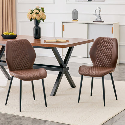 Set of 4 modern light luxury brown diamond-quilted PU chairs with black metal legs. Suitable as upholstered dining chairs with backrests for dining rooms, adaptable to a wide range of scenarios. image 4