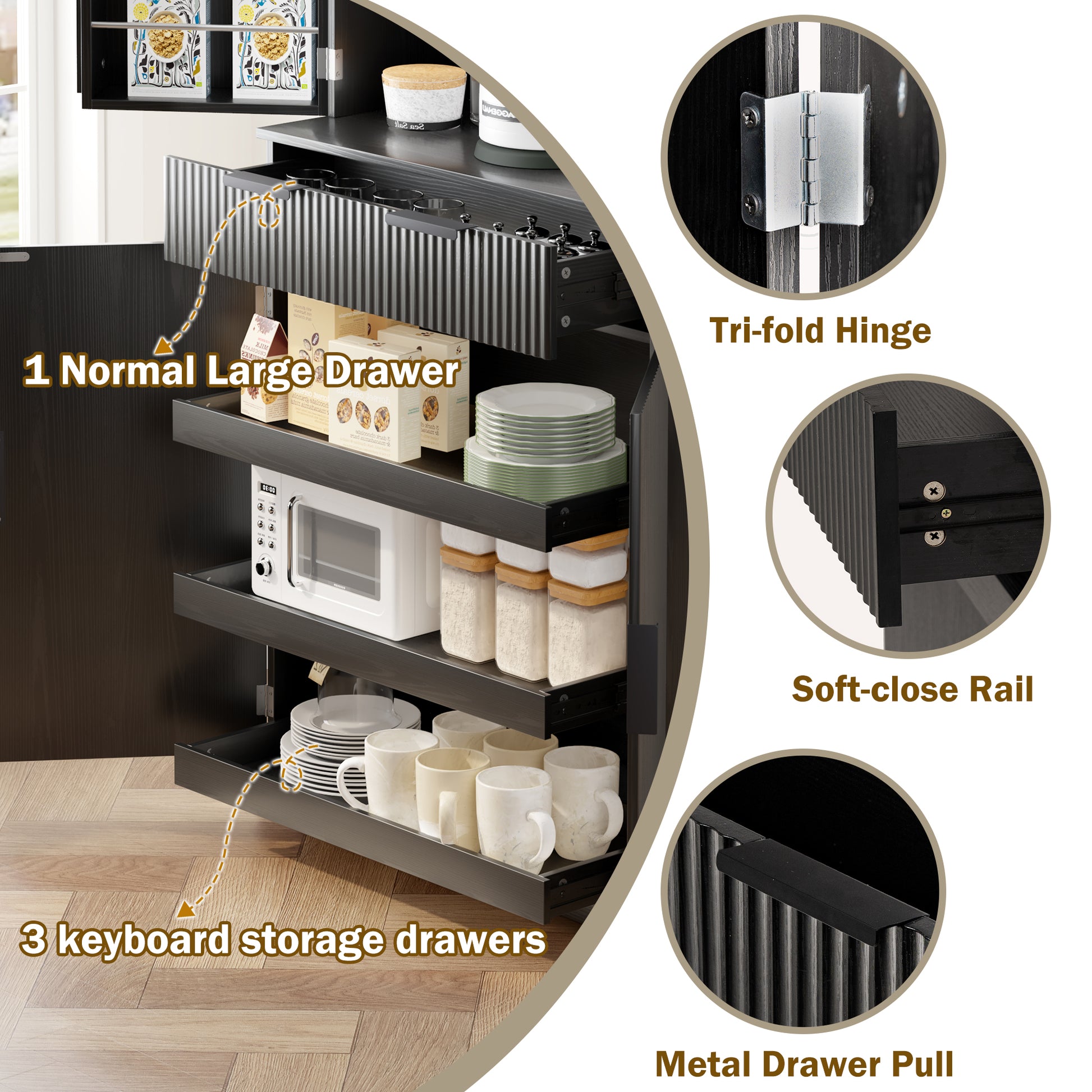 72" Fluted Kitchen Pantry Cabinet with 3 Keyboard Drawers & 6 Door Shelves Adjustable, Freestanding Cupboard Storage Cabinet for for Bathroom Dining Room, Office, Entryway, Black image 8