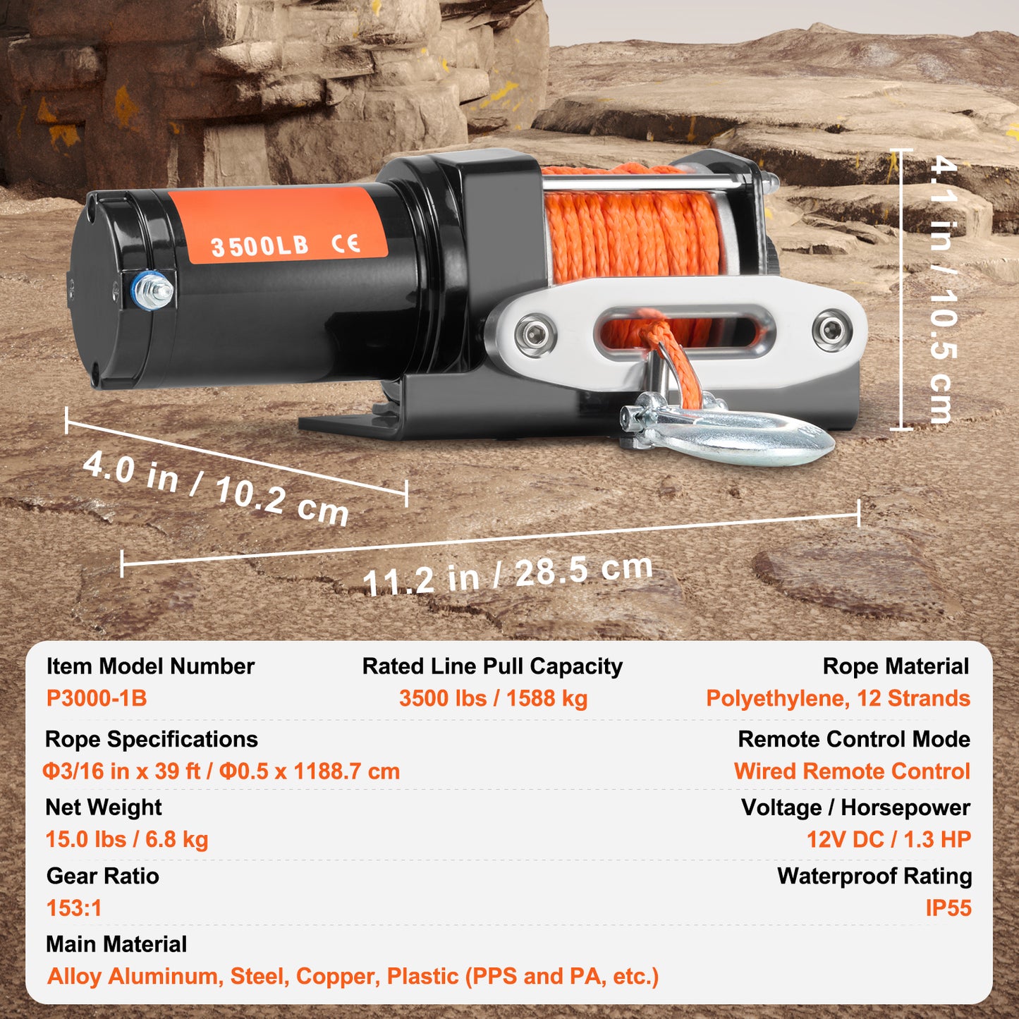 Electric Winch ATV UTV 3500 lb Synthetic Rope Waterproof Wired Control image 5