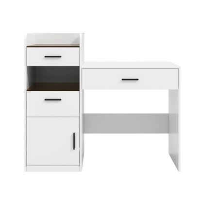 3-in-1 Vanity Desk with Flip Top Mirror, Glass Top Compact Makeup Vanity & Hidden Storage, Vanity Table with 3 Drawers and Cabinet, Space-Saving Dressing Tablefor Bedroom, White image 12