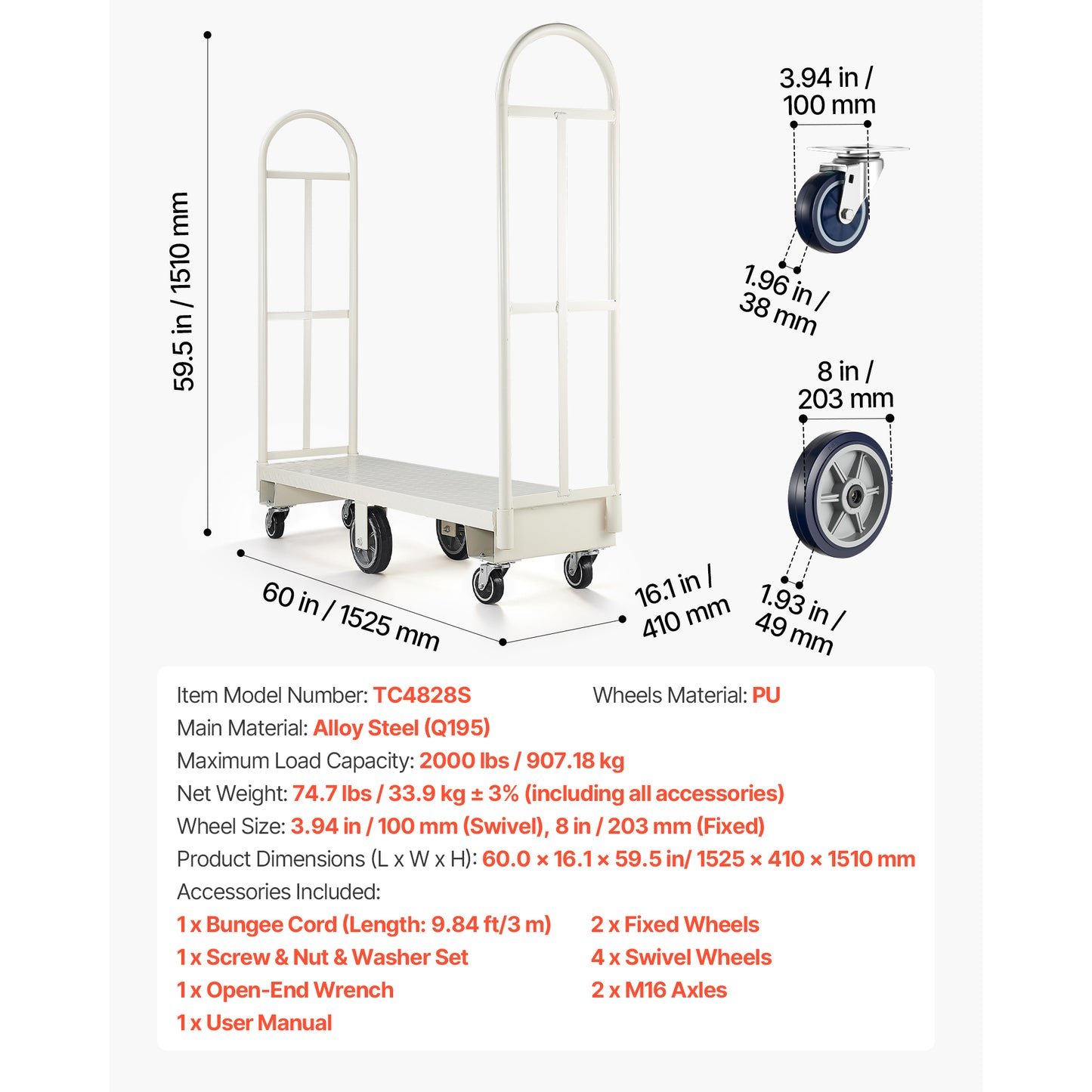 U-Boat Platform Truck Dolly, 2000 lbs Load Capacity, Heavy Duty Steel Utility Cart, Industrial Hand Push Truck with Six Wheels and Dual Detachable Handles, for Warehouse, 60 x 16.1 x 59.5 in image 7