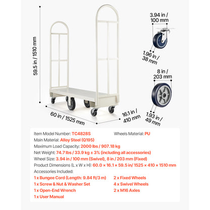U-Boat Platform Truck Dolly, 2000 lbs Load Capacity, Heavy Duty Steel Utility Cart, Industrial Hand Push Truck with Six Wheels and Dual Detachable Handles, for Warehouse, 60 x 16.1 x 59.5 in image 7