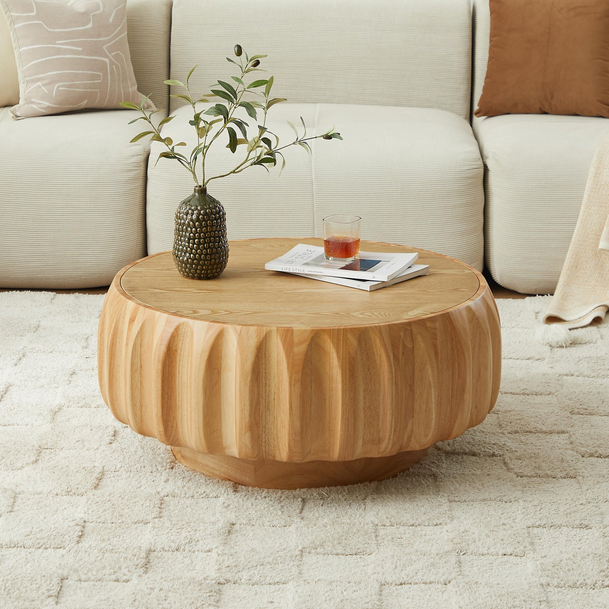 Round Solid Wood Carved Coffee Table with Elegant Sculptural Design image 5