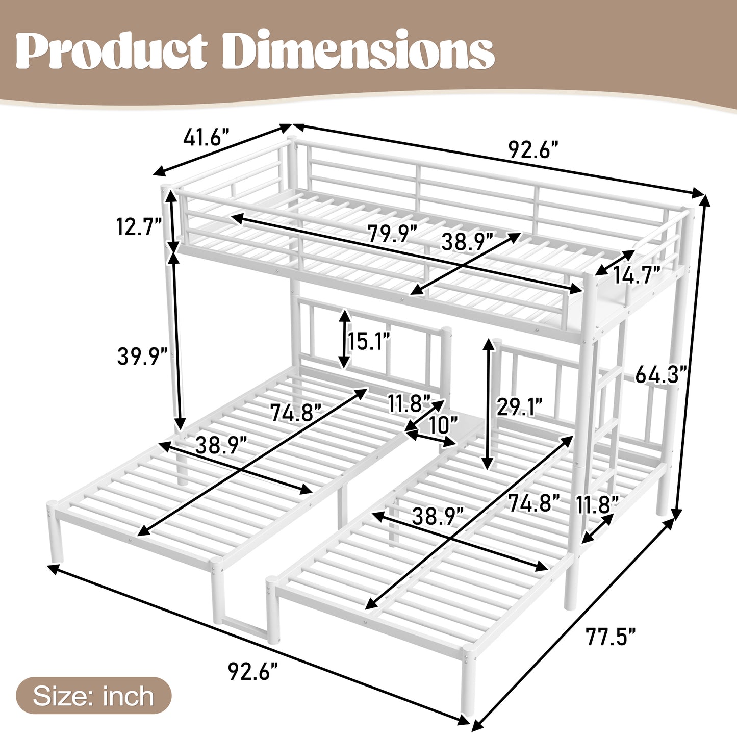 Twin over Twin & Twin Bunk Beds for 3, Twin XL over Twin & Twin Bunk Bed Metal Triple Bunk Bed, White image 9