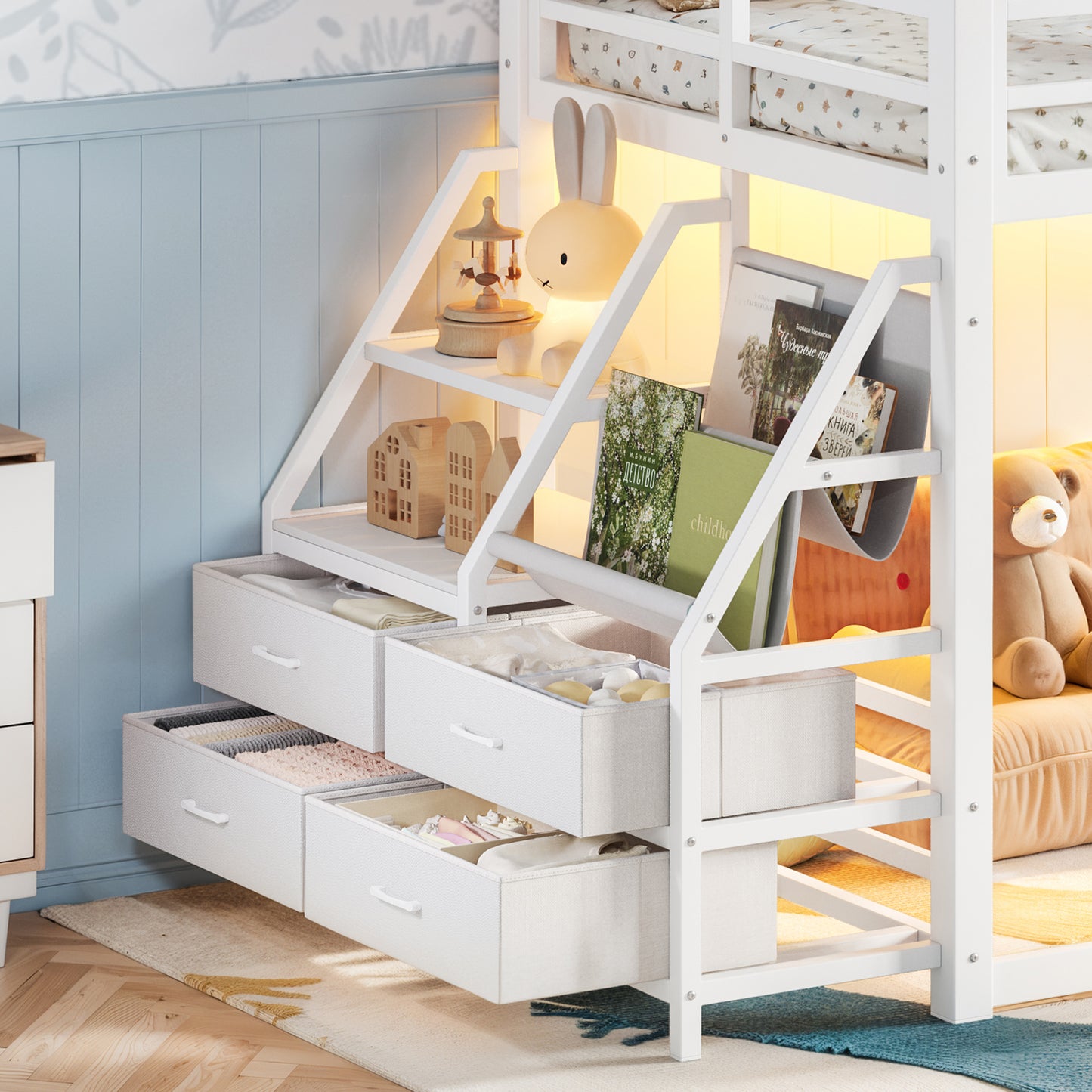 Twin over Twin bunk Bed with Storage Shelves and Drawers, Metal Bunk Bed with LED Lights for Teens, No Box Spring Need.White image 7