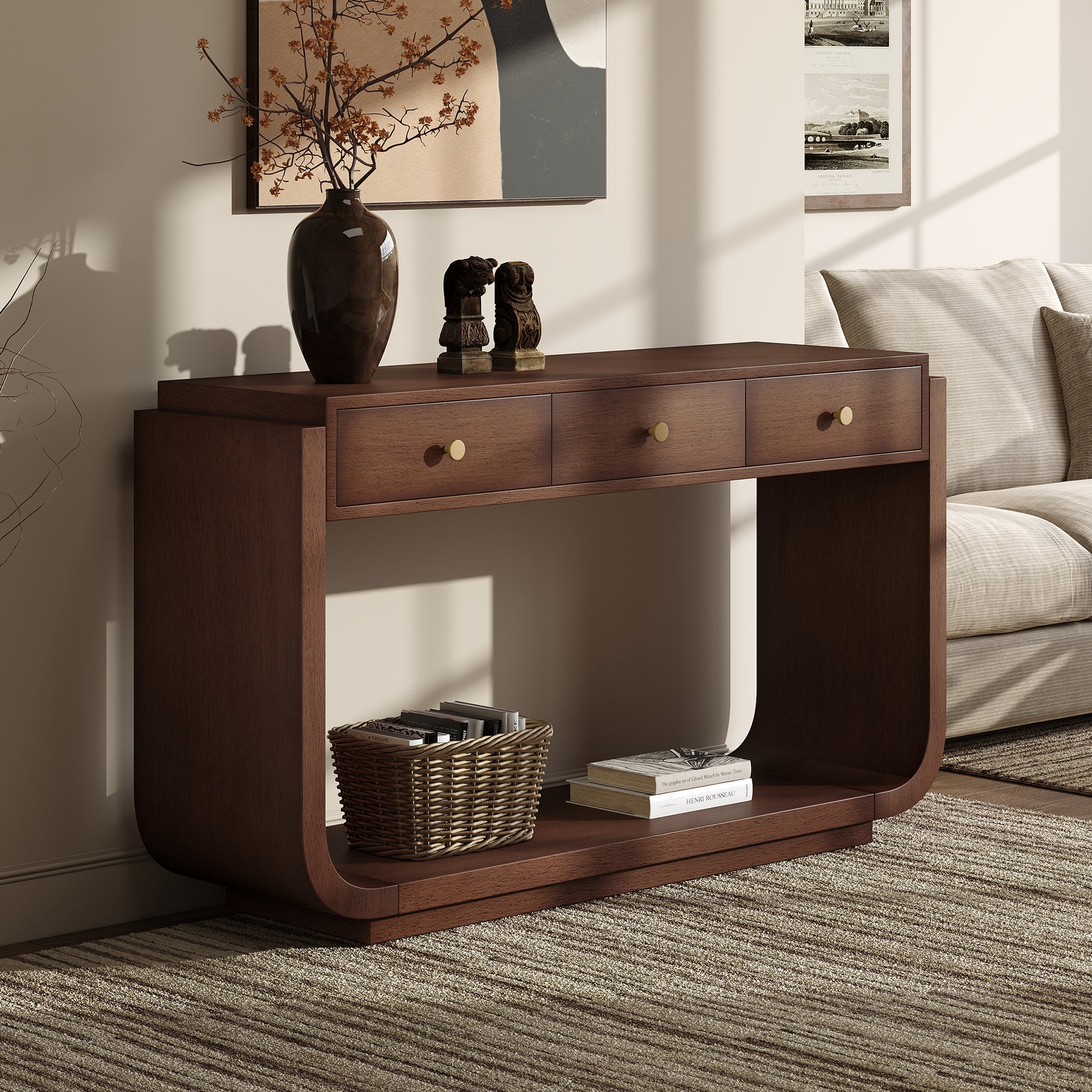 Classic-Style Console Table, 3 Storage Drawers, Display Shelf, Curved Legs, Painted Finish, Entryway/Hallway/Living Room, Walnut image 1