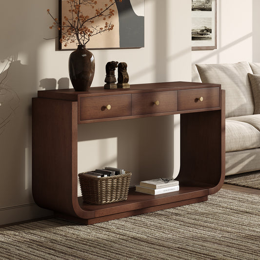 Classic walnut console table with 3 drawers and curved legs - front view