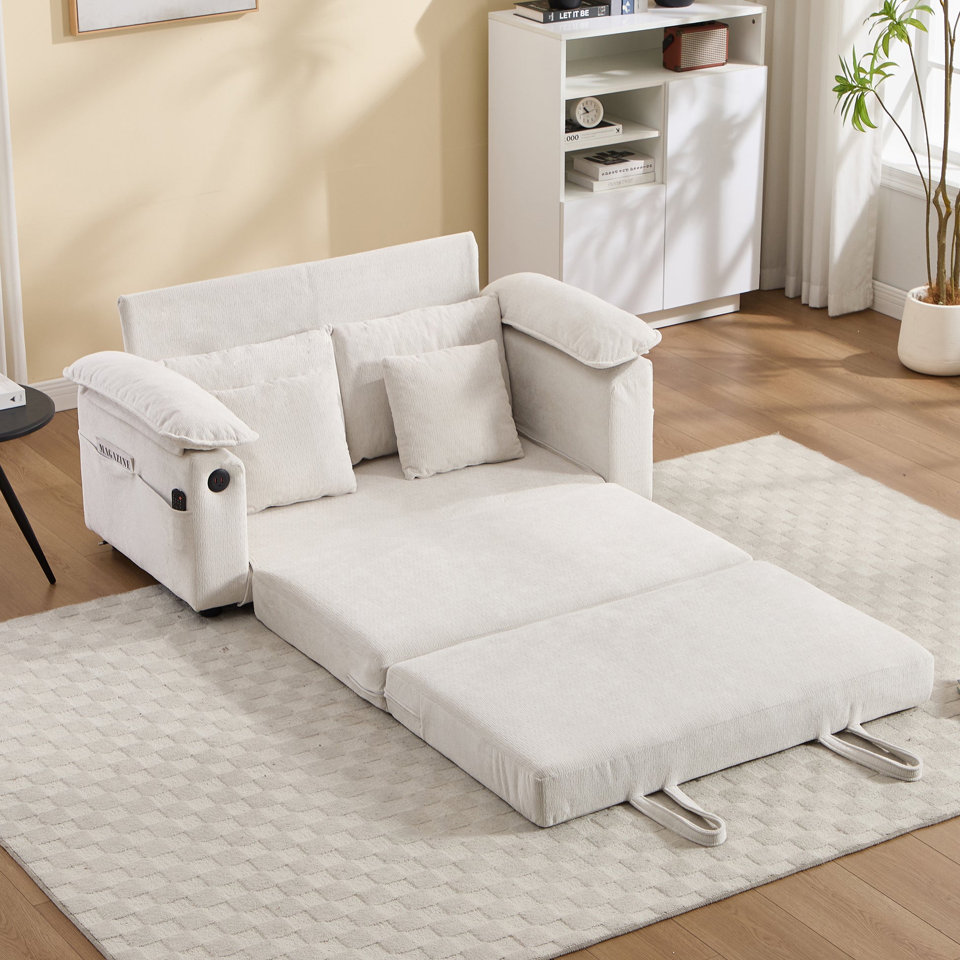 58 inch 3-in-1 Upholstered Futon Sofa Convertible Floor Sofa bed,Foldable Tufted Loveseat with Pull Out Sleeper Couch Bed,Folding Mattres Love Seat Daybed W/Side Pockets for Living Room White image 5