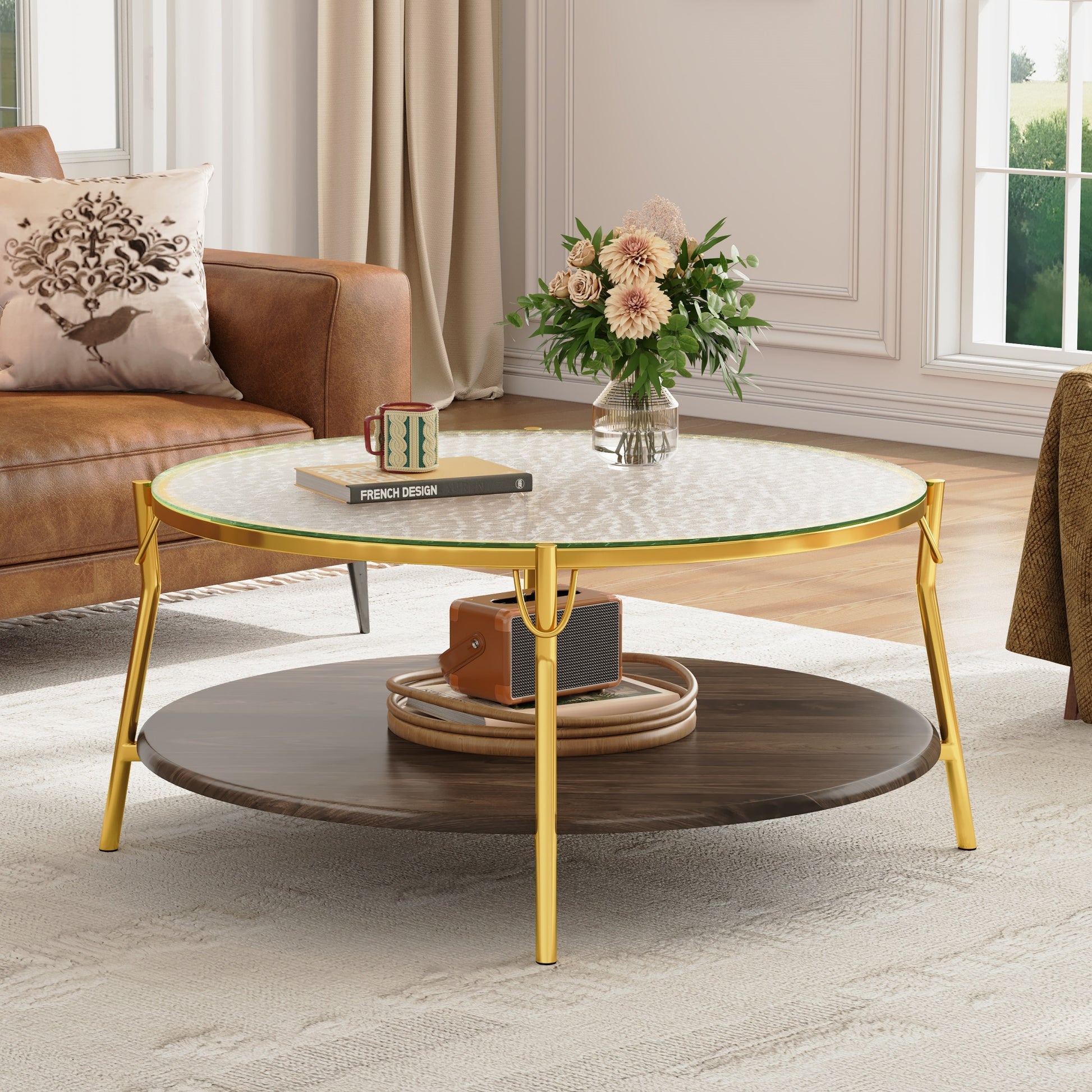 Modern Round Walnut 2-Tiered Coffee Table with Glass Top and Gold Base for Living Room, 29.9" image 9