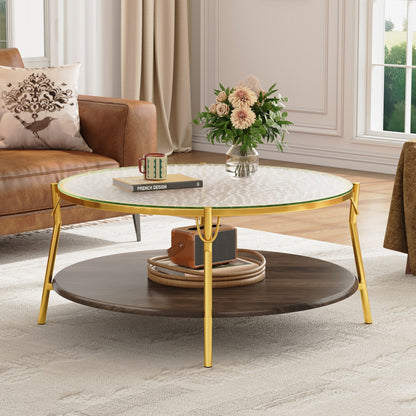 Modern Round Walnut 2-Tiered Coffee Table with Glass Top and Gold Base for Living Room, 29.9" image 9