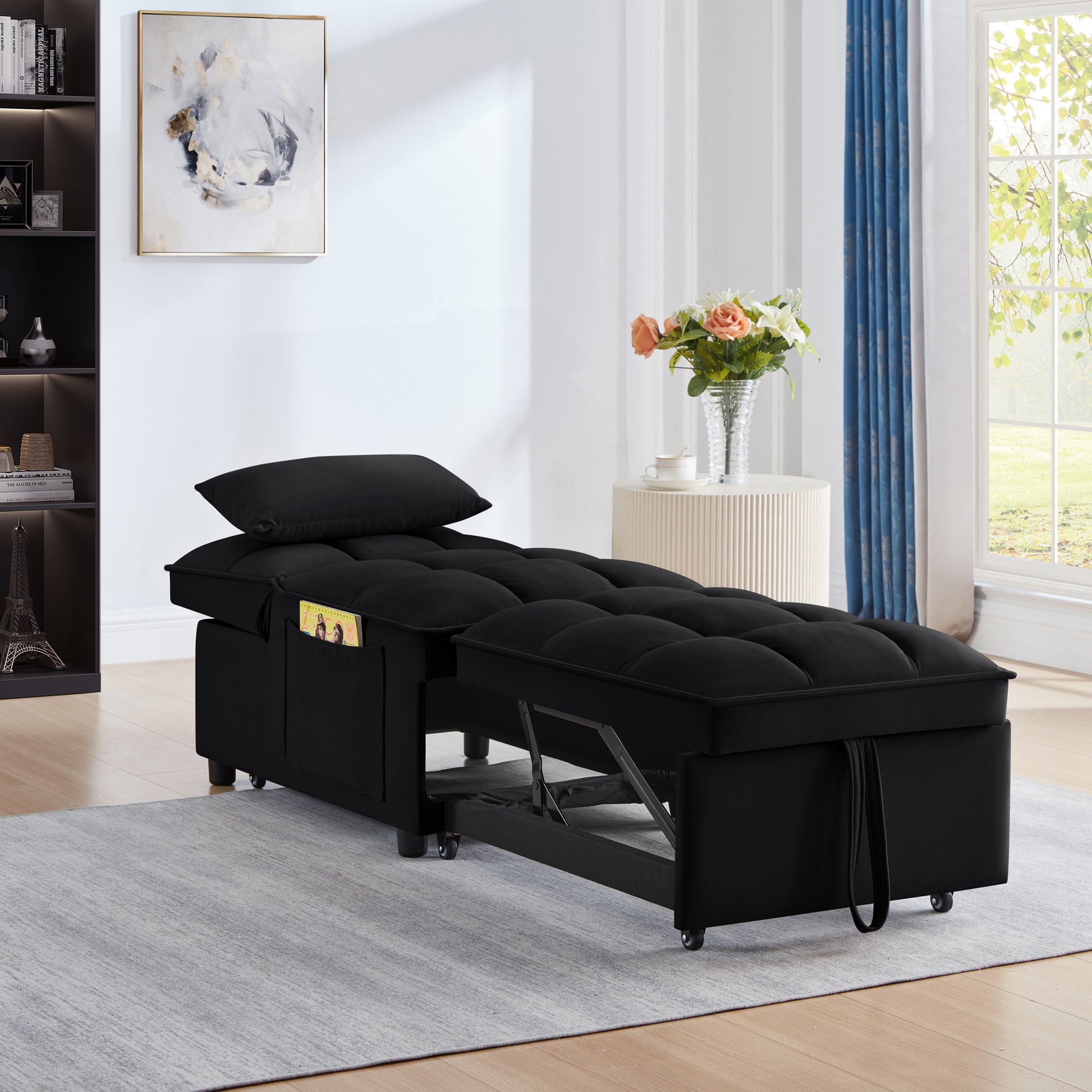4 in1 Multi-Function Single Sofa Bed with Storage Pockets,Tufted Single Pull-out Sofa Bed with Adjustable Backrest and Pillows,Convertible Chaise Lounge,Black image 3
