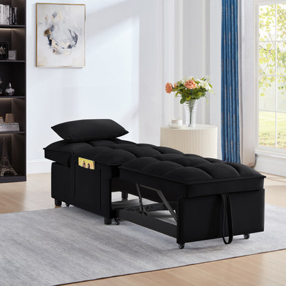 4 in1 Multi-Function Single Sofa Bed with Storage Pockets,Tufted Single Pull-out Sofa Bed with Adjustable Backrest and Pillows,Convertible Chaise Lounge,Black image 3