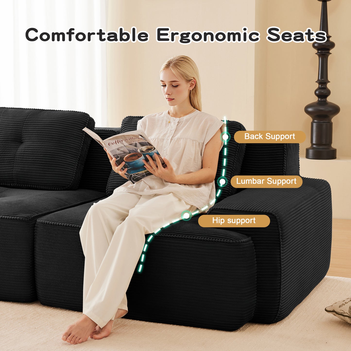 Modular Sectional Sofa with 5-Seater,V Shaped Corner Couch,Corduroy Fabric,2 Movable Ottomans, Deep Seat for Living Room, Pearl-like piping, Tufted Design, No Assembly, Anti-slip Design,Black image 8