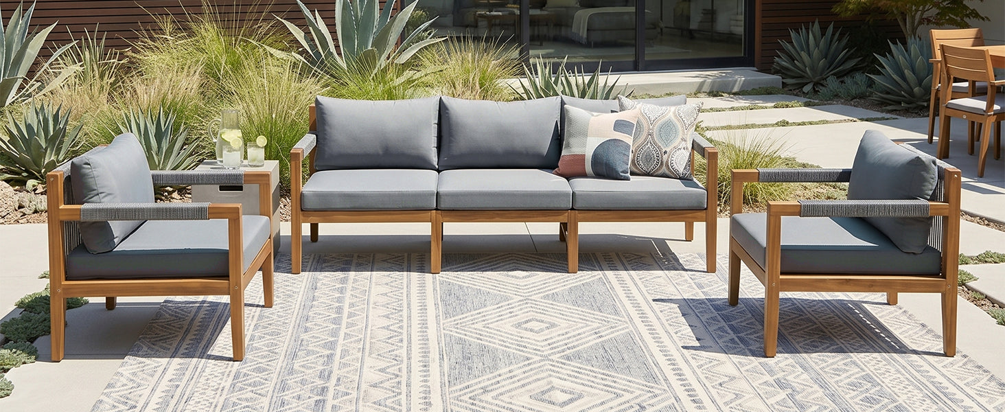 3 Pieces Outdoor Sectional Sofa Set, Rope Woven Patio Conversation Set with Solid Acacia Wood Frame, Water-Resistant Removable Cushions for Backyard, Deck and Poolside, Grey image 3